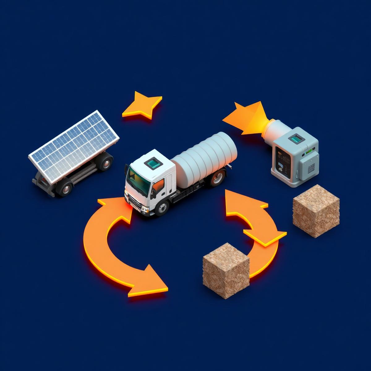 Isometric diagram of the circular solar recycling loop: panel, transport, processing, recovered materials