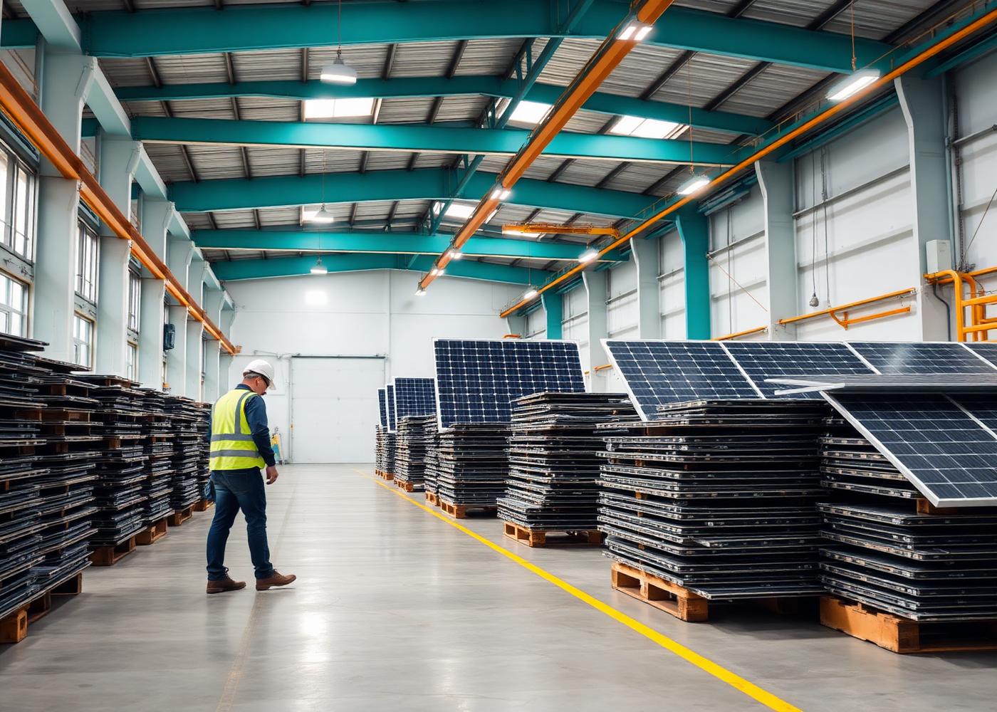 BedRock recycling facility with palletized solar modules ready for processing