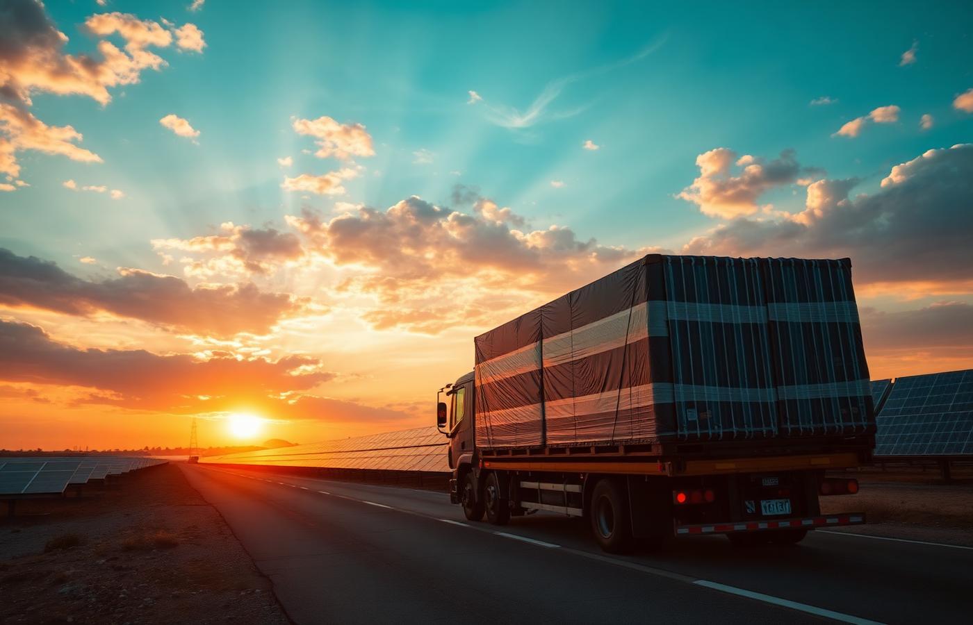 Truck loaded with wrapped solar panel pallets leaving a solar farm at sunset